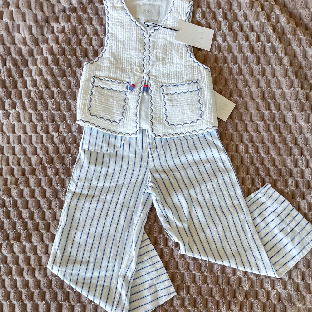 NWT Zara set embroidered padded GILET stripe pants size 6